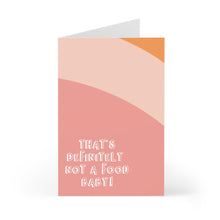 Load image into Gallery viewer, Introducing the "Not a Food Baby Funny Baby Card" by R is for Robo, showcasing whimsical curved pink and peach color blocks. The card humorously states in white letters, "That's definitely not a food baby!" making it an ideal choice for celebrating the arrival of a new bundle of joy with a playful twist.