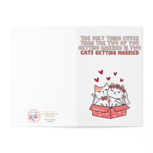 Load image into Gallery viewer, A charming and humorous card from R is for Robo, the Cat Wedding Card - Funny Wedding Card for Cat Lovers, showcases two cartoon cats tying the knot inside a decorated box. One cat wears a bow tie while the other dons a veil, amidst an array of red hearts. The text reads, "The only thing cuter than the two of you getting married is two cats getting married." An ideal choice for a cat-themed wedding card!