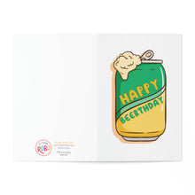 Load image into Gallery viewer, A whimsical illustration of a yellow and green beer can with a frothy head, ideal for any Beer Lover. The cheeky message "Happy Beerthday" adorns the can, set against a crisp white background. The bottom left corner features the R is for Robo logo, making it an ideal birthday card with a punny twist.
