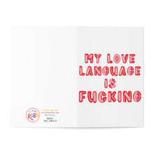 Load image into Gallery viewer, The Valentine's Day card titled "Love Language F Word Dirty Valentine's Day Card for Husband" by R is for Robo features bold, red lettering with the phrase "My love language is fucking" on the right side. On the left side, there is a handwritten note accompanied by the brand's logo and website details.