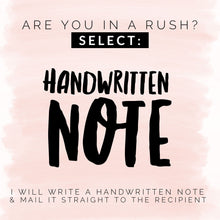 Load image into Gallery viewer, Text on a pink background reads, "Are you in a rush? Select: Rude That You Are Leaving But Okay Funny Going Away Card by R is for Robo." Below, it says, "I will write a handwritten note & mail it straight to the recipient." The font is bold and artistic.