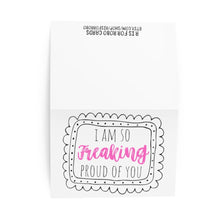 Load image into Gallery viewer, The "So Freaking Proud Congratulations Card" by R is for Robo showcases a humorous congratulatory message, featuring bordered text in a blend of black and pink on a white backdrop. Ideal for personalizing with your own handwritten note inside.