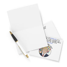 Load image into Gallery viewer, A pen rests on a stack of blank cards beside a humorous greeting card showcasing a man in a suit. Labeled as the "Donald Trump Retirement Card Funny" by R is for Robo, this card boasts colorful text and graphics—ideal for creating your own Donald Trump retirement card.