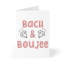 Load image into Gallery viewer, A Bach and Boujee Bachelorette Party Card from R is for Robo stands open, showcasing the phrase "Bach & Boujee" in bold pink letters. Two diamond illustrations adorn the design, adding a hint of sparkle.