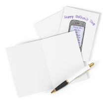 Load image into Gallery viewer, A blank greeting card is open next to the Technology Funny Mother's Day Card by R is for Robo, showcasing cursive text and a decorative design. A black and white pen with a gold clip awaits your hand-written note, resting beside the cards on a pristine white surface.
