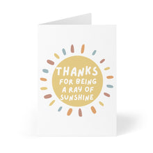 Load image into Gallery viewer, The Ray of Sunshine Thank You Card from R is for Robo showcases a yellow sun with multicolored rays and features the heartfelt message "Thanks for being a ray of sunshine" at its center. Set against a white background, it's ideal for including a personal handwritten note inside.
