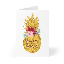Load image into Gallery viewer, The "You are Golden Pineapple Thank You Card or Friendship Card" by R is for Robo features a golden pineapple embellished with colorful flowers. Inside, it carries the inscription "You are Golden." This elegantly white, folded card is suitable for any occasion.