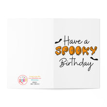 Load image into Gallery viewer, The October Birthday Halloween Card by R is for Robo showcases "Have a Spooky Birthday" in orange dripping letters, accented with two black bats. The interior of the card is blank, allowing for your own handwritten message.