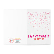 Load image into Gallery viewer, The image displays a Dirty Valentine's Day card titled "D in my V Dirty Valentines Day Card for Husband" by the brand R is for Robo. On the left side, you can see a logo with the text: RoRo, its ok to say, Printed in the USA, www.RobuRoRo.com, @RobuRoRo, ©2021, SKU CR-012. The right side prominently features the phrase "I WANT THAT D IN MY V," enhanced by playful pink and red dots above it.