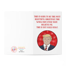 Load image into Gallery viewer, A humorous Christmas card from R is for Robo features a festive scene with a man in a suit and tie. The text reads, “This is going to be the most beautiful Christmas the world has ever seen. Believe me. This is not fake news.” It's perfect for some topical holiday cheer as a Donald Trump Christmas card!