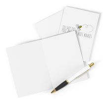 Load image into Gallery viewer, The Bees Knees Knee Surgery Sympathy Card by R is for Robo, featuring a bee illustration and "You are the bees knees" text, is displayed on a white background. Below the card, a black and white pen with gold accents awaits to add your personal touch.