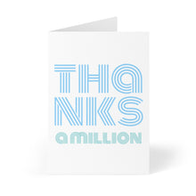 Load image into Gallery viewer, A humorous thank you card by R is for Robo, named "Thanks A Million Funny Thank You Card," showcases "THANKS a million" in blue and green stylized letters on a white background. The card is propped open at an angle, perfect for your personal message.