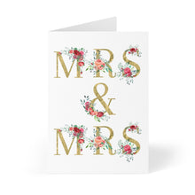 Load image into Gallery viewer, The R is for Robo "Mrs and Mrs Wedding Card" is a charming keepsake, featuring gold letters set against a heavyweight matte finish. Pink and red floral designs enhance the elegant and festive look on the plain white background, while it comes complete with a kraft envelope.