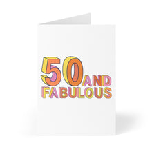 Load image into Gallery viewer, The "50th Birthday Card - Funny Milestone Birthday Card for Him or Her" by R is for Robo features vibrant, multicolored 3D text on a white background that reads "50 and Fabulous," making it an ideal choice to add a cheerful touch to any milestone birthday celebration.