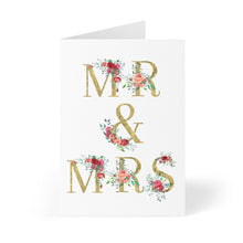 Load image into Gallery viewer, The Mr and Mrs Wedding Card by R is for Robo features a white background with gold lettering accented by pink and red floral designs, making it an ideal choice for adding a heartfelt handwritten note.