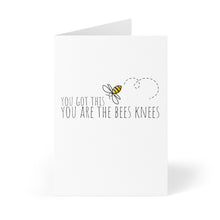 Load image into Gallery viewer, The Bees Knees Knee Surgery Sympathy Card by R is for Robo features a straightforward design with an illustration of a bee and the message "YOU GOT THIS, YOU ARE THE BEES KNEES" on a white background. It's an ideal choice for writing an encouraging, personal note to let someone know how special they are.