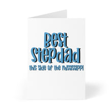 Load image into Gallery viewer, A greeting card from R is for Robo, featuring bold blue text that says "Best Stepdad this side of the Mississippi," on a simple white background. Known as the "Best Stepdad Funny Father's Day Card," it stands upright in its partially open position, ideal for including a hand-written note.