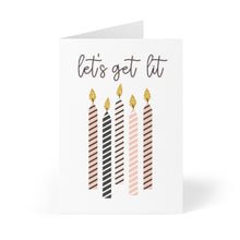 Load image into Gallery viewer, The "Get Lit Funny Birthday Card" by R is for Robo features a vibrant design with "Let’s Get Lit" on the front, showcasing five candles adorned in striped black and pink patterns with golden flames. It's designed to stand upright, making it ideal for including a personalized handwritten note inside.