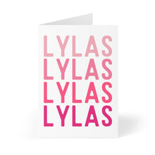 Load image into Gallery viewer, The LYLAS 90s Friendship Card from R is for Robo showcases the word "LYLAS" in descending shades of pink on a white background. The card stands slightly ajar, hinting at a personal hand-written note inside and exuding an aura of connection and charm.