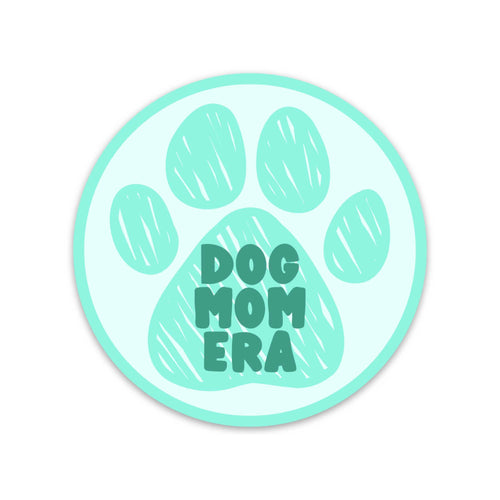 Dog Mom Era Circle Sticker with Mint Green Paw Print 