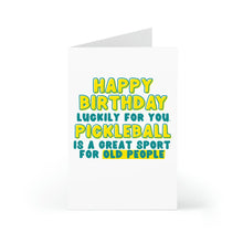 Load image into Gallery viewer, This humorous birthday card from R is for Robo, known as the Pickleball Birthday Card - Funny Birthday Card for Pickleball Lover, features vibrant text that reads &quot;Happy Birthday.&quot; It&#39;s an ideal choice for anyone who enjoys pickleball, a sport beloved by people of all ages.
