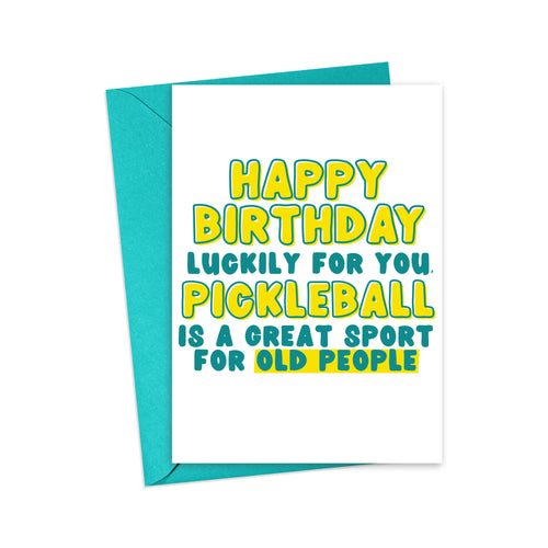 This humorous birthday card, by R is for Robo, comes with a blue envelope and features a bold message in yellow and green letters: 