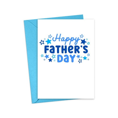 The Funny Things Dads Do - Funny Fathers Day Card by R is for Robo features blue text and blue stars on white card stock, and comes with a light blue envelope—perfect for Fathers Day.