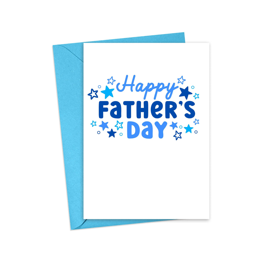 The Funny Things Dads Do - Funny Fathers Day Card by R is for Robo features blue text and blue stars on white card stock, and comes with a light blue envelope—perfect for Fathers Day.