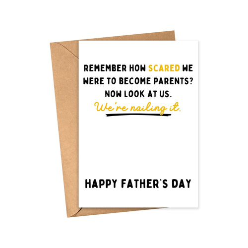The R is for Robo Funny Fathers Day Card for Husband from Wife features the message: Remember how scared we were to become parents? Now look at us. Were nailing it. Happy Fathers Day. Displayed on a brown envelope.