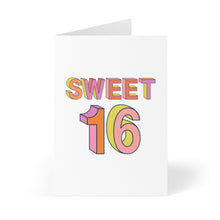 Load image into Gallery viewer, An elegant Sweet 16 Birthday Card from R is for Robo, showcasing vibrant, bold 3D letters on a pristine white background, stands upright beautifully. Complement it with a classic kraft envelope for an added touch of charm.
