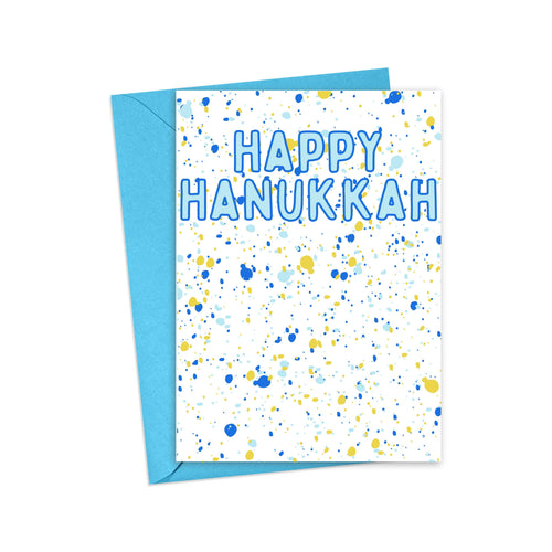 Colorful Blue Paint Splattered Greeting Card that says Happy Hanukkah with a Blue Envelope