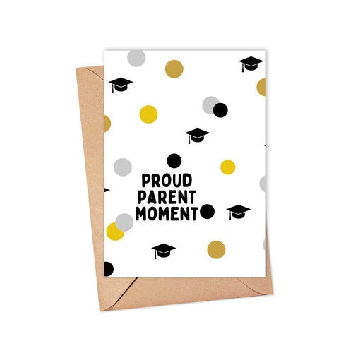 Introducing the Proud Parents Graduation Card for Son or Daughter by R is for Robo. This card features the bold black phrase 