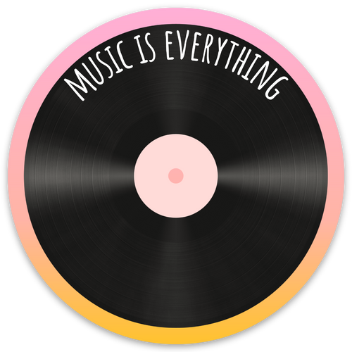 A depiction of the Music Is Everything Vinyl Record Sticker by R is for Robo, showcasing a sturdy design with a gradient pink to orange border. The phrase 