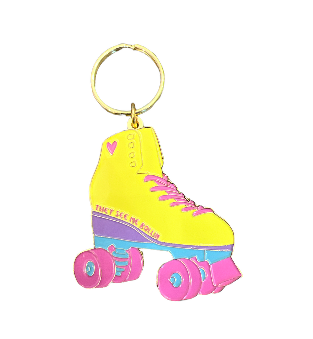 90s Kid Retro Roller Skate Gold Enamel Keychain